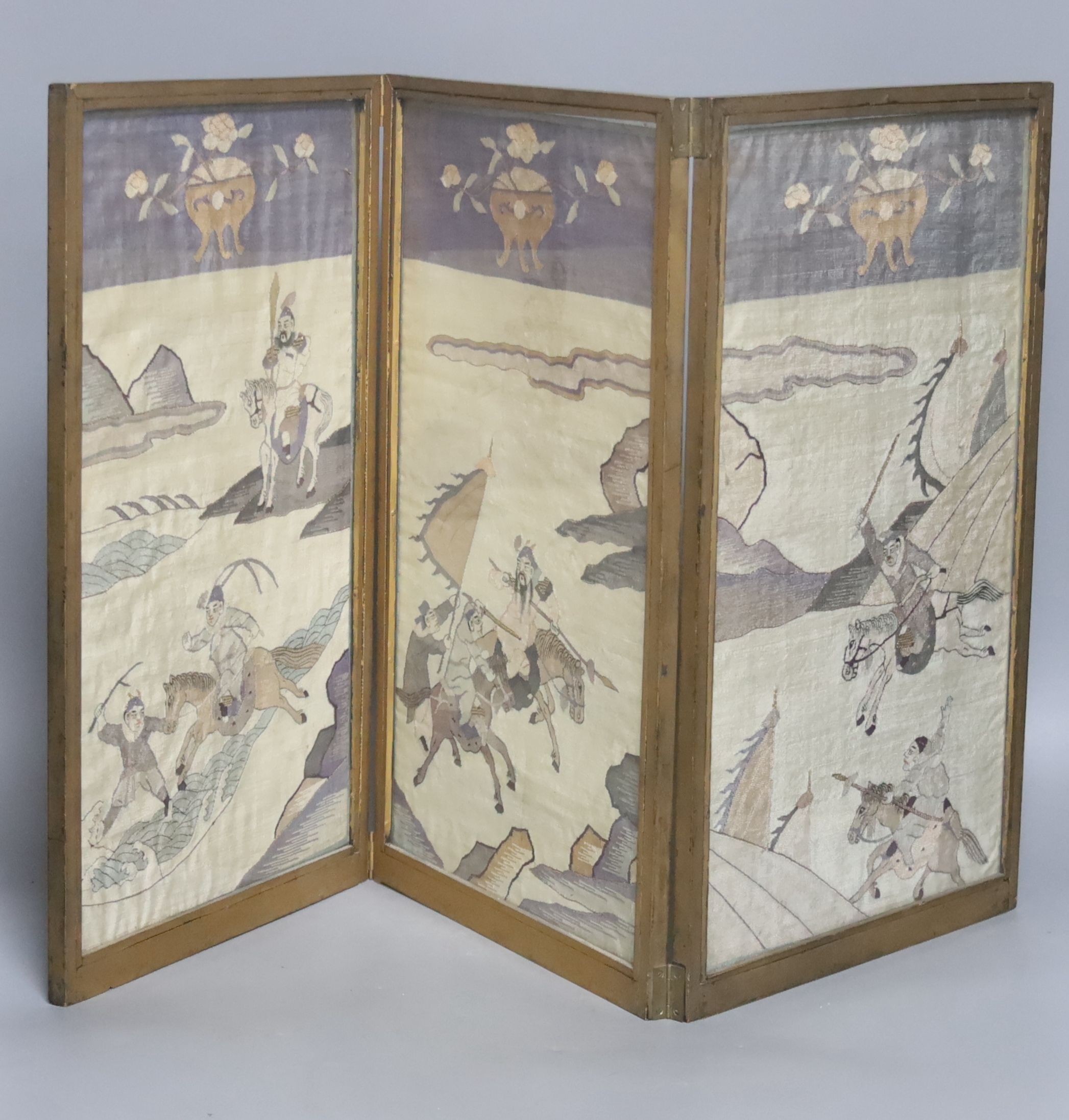 A Chinese kesi double sided triptych, 19th century